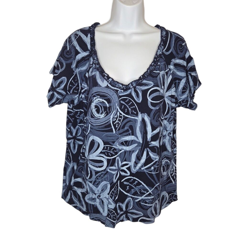 Fresh Produce 2X Top Blue Abstract Floral Scoop Neck Short Sleeve USA Made